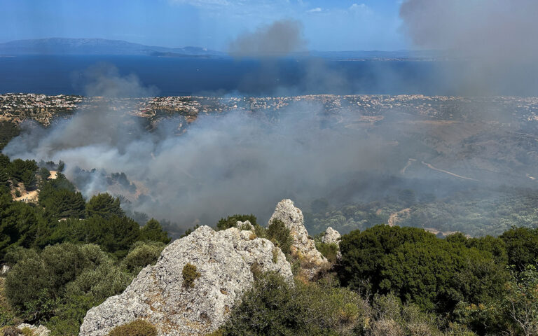 Χίος: Σε απόκρημνες χαράδρες η φωτιά – Ριπές ανέμων δυσχεραίνουν την κατάσβεση